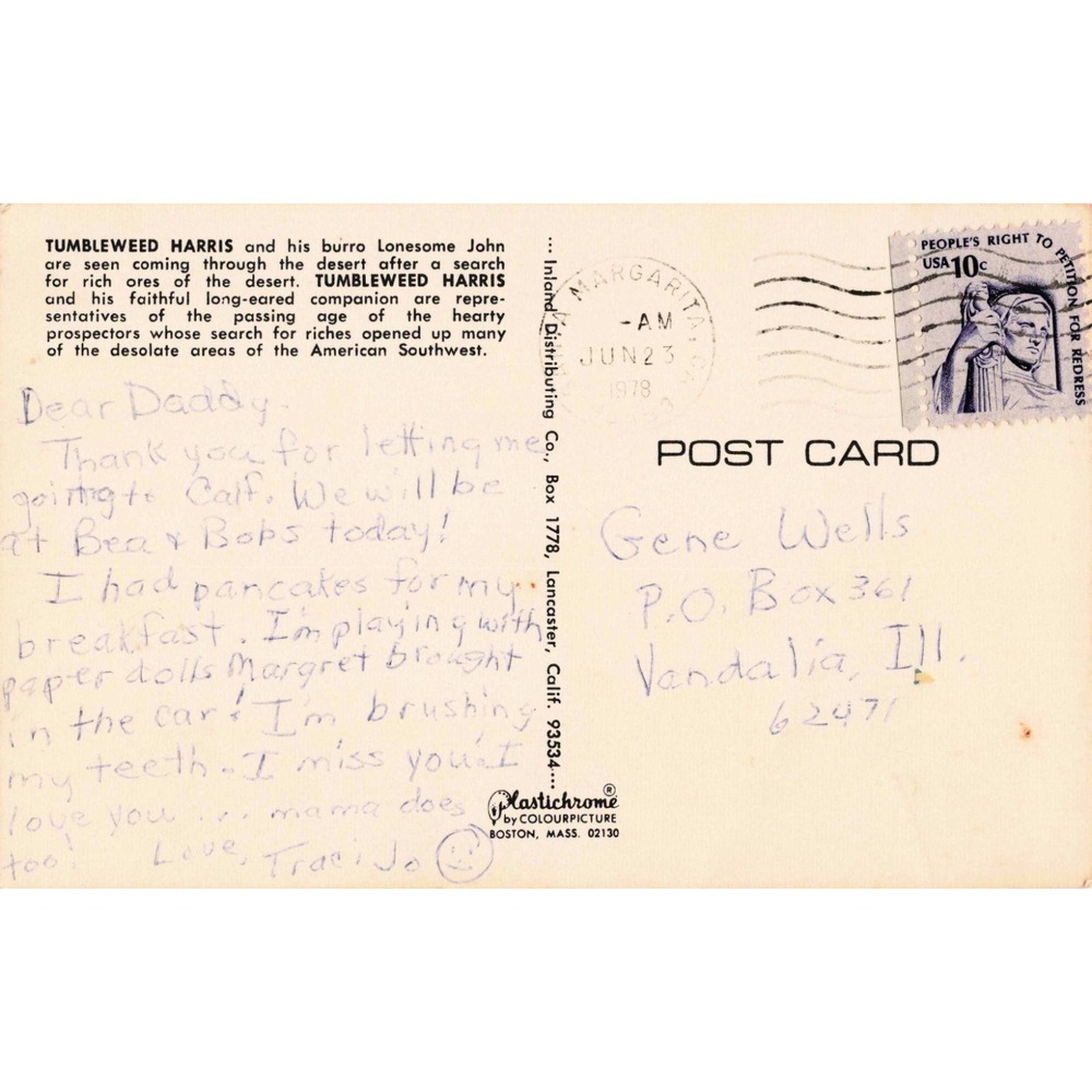 Vintage 1978 Tumbleweed Harris and Burro Lonesome John Postcard Plastichrome - Picture 2 of 2